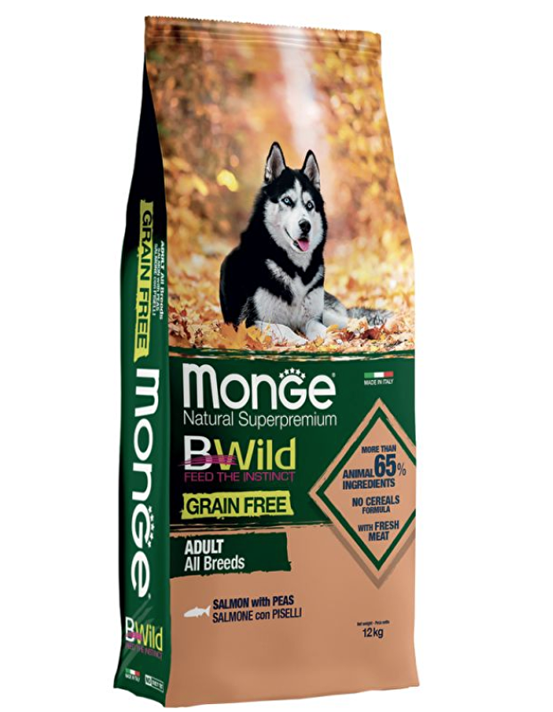 Monge Bwild Grain Free All Breeds Salmone con Piselli Cibo Secco per Cani Adulti