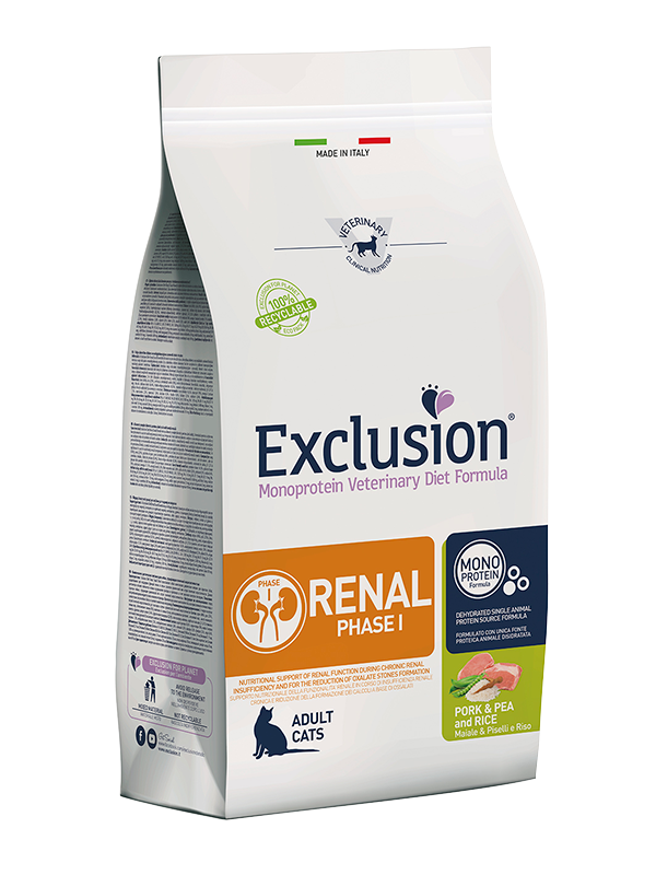 Exclusion Renal Phase 1 Con Maiale Piselli e riso 1,5 kg Cibo Secco Per Gatti Adulti