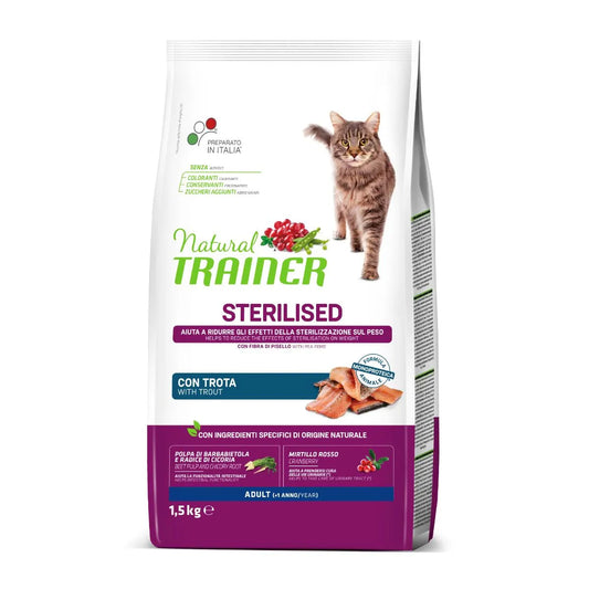 Natural Trainer Sterilised Cibo Secco Con Trota 1,5 kg Per Gatti Adulti Sterilizzati