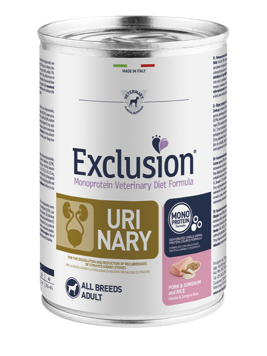 Exclusion Adult Urinary Con Maiale Sorgo e Riso Per Cani Adulti - 12 Lattine